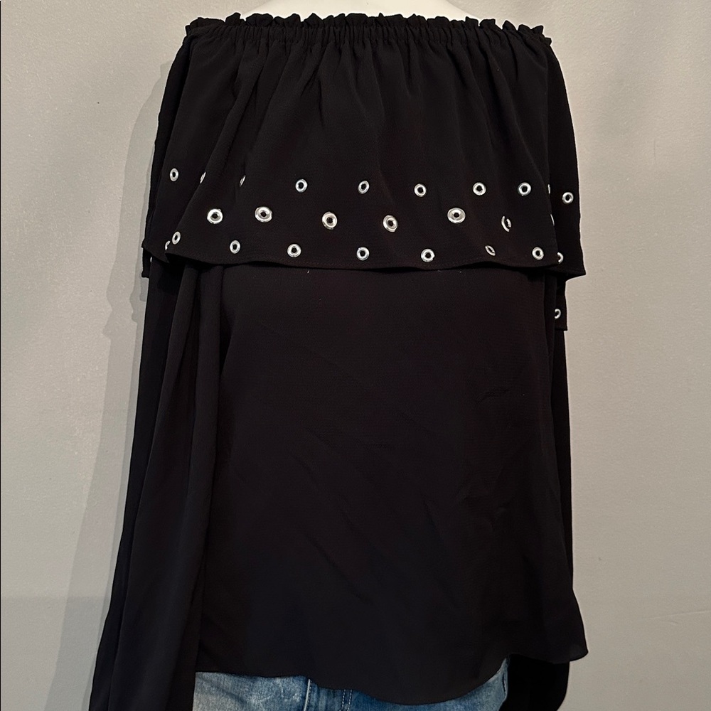 NY Collection Black Off-Shoulder Blouse with Eyelet Details - Picture 4 of 4